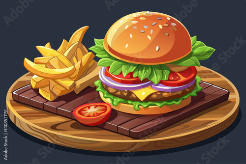 vector of A juicy burger with melted cheese, fresh lettuce and tomato, accompanied by crispy potato wedges and creamy coleslaw on a dark wooden plate. Suitable for fast food and dining...