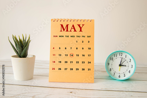 14 fourteenth day May Month Calendar Concept on Wooden Blocks