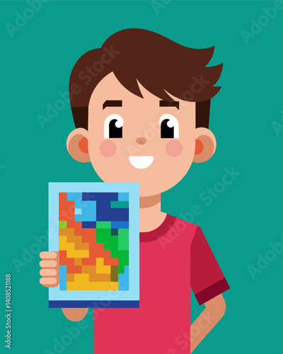 A young boy proudly holds up his creation a glitch art masterpiece generated through a series of coded algorithms.. Vector illustration