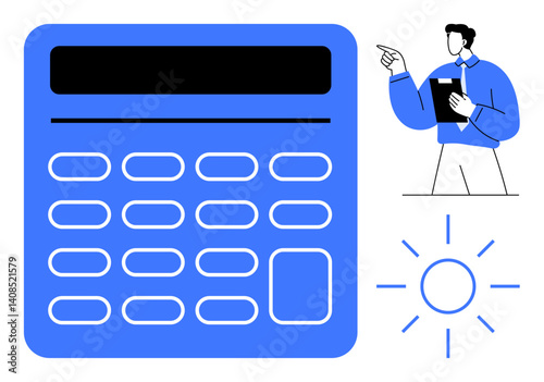 Giant calculator symbol paired with confident man holding clipboard, gesturing towards ideas, and sun icon. Ideal for finance, planning, education, strategy, innovation budgeting energy. Flat