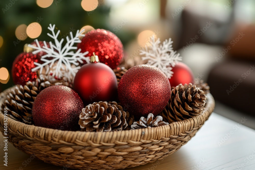 Decorative bowl of red Christmas ornaments and pinecones on a table Decorative bowl of red Christmas ornaments and pinecones on a table