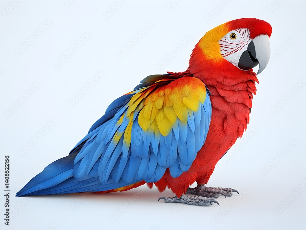Fototapeta premium A vibrant scarlet macaw parrot with blue and yellow feathers sits perched on a plain white background in a profile view.