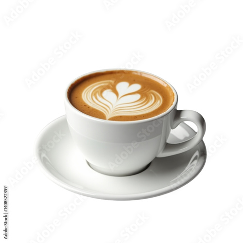 A heartwarming cup of latte art, a delicate flower design in creamy foam atop rich brown coffee, served in a simple elegant white cup and saucer against a bright white background.