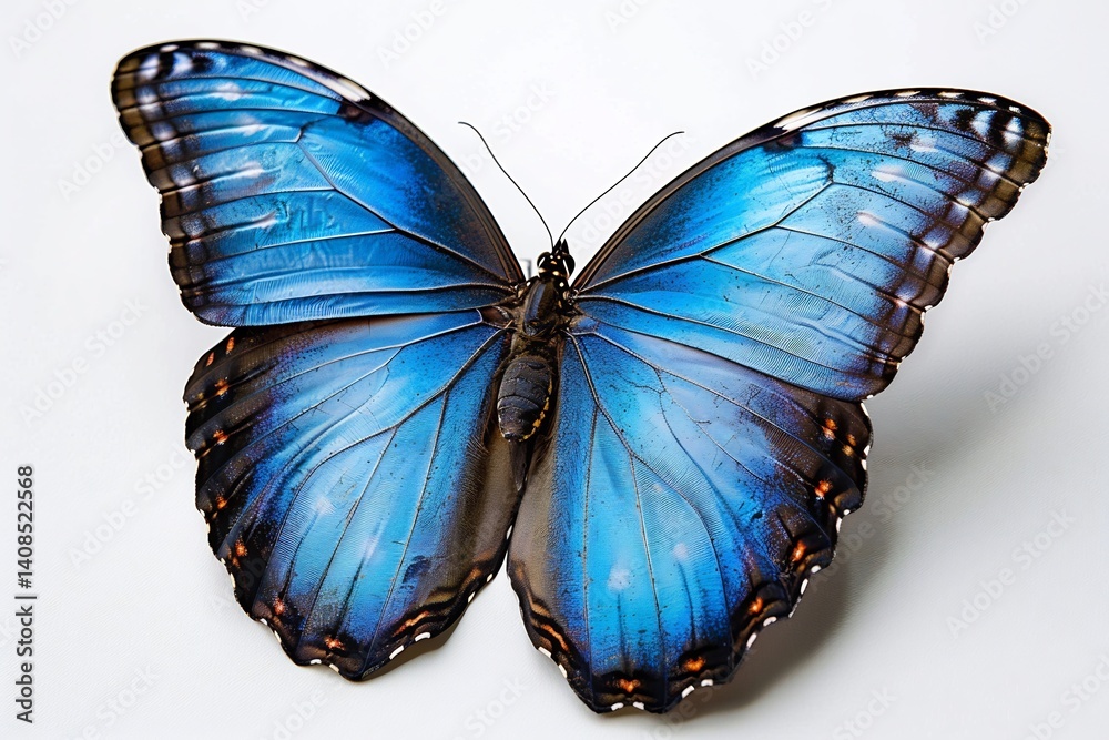 Fototapeta premium Blue morpho butterfly soaring iridescent blue wing reflecting light graceful movement captured white background