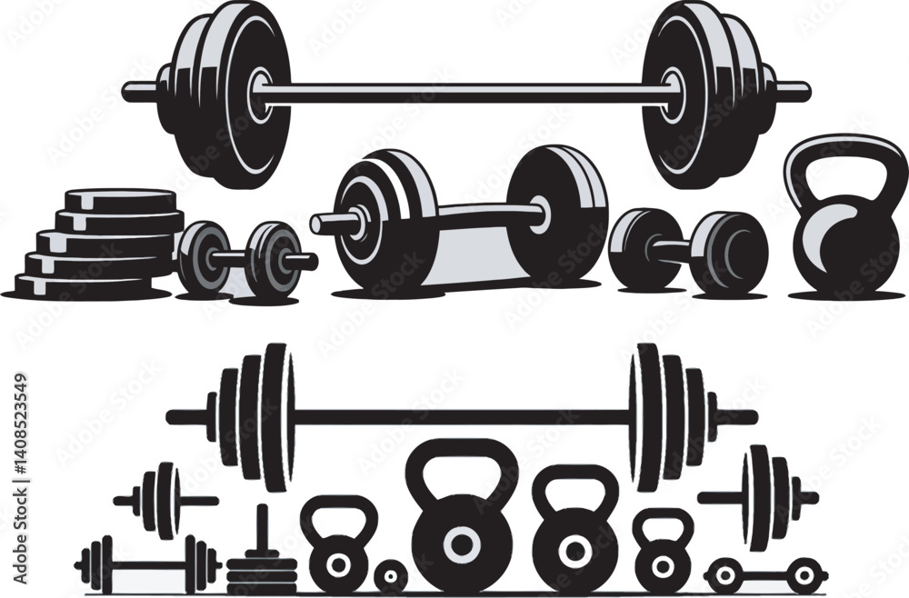 Gym Equipment Vector Set, Barbells, Dumbbells, Kettlebells, Weight Plates Icons