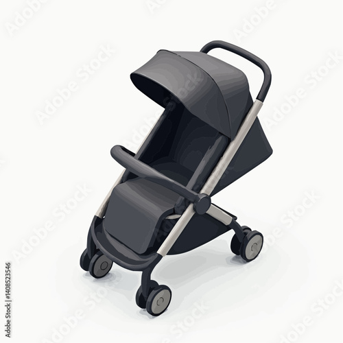 Modern Stroller Stands on White Background, 3D Illustration

