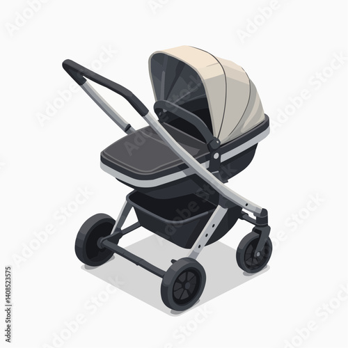 Modern Stroller Stands on White Background, 3D Illustration

