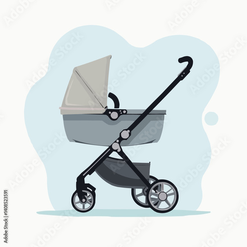 Black Stroller Illustration, Three-Wheel Design

