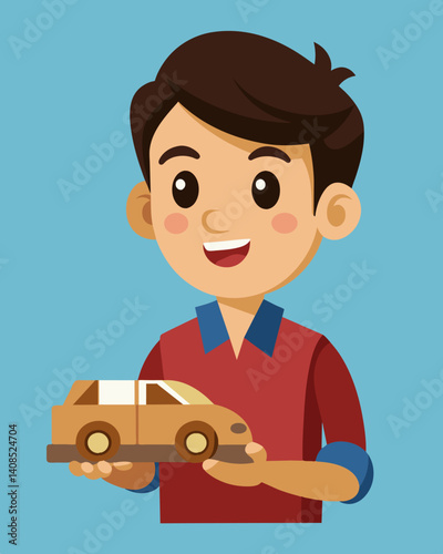 A young boy proudly showcasing his handcrafted wooden toy car a perfect blend of craftsmanship and modern technology.. Vector illustration