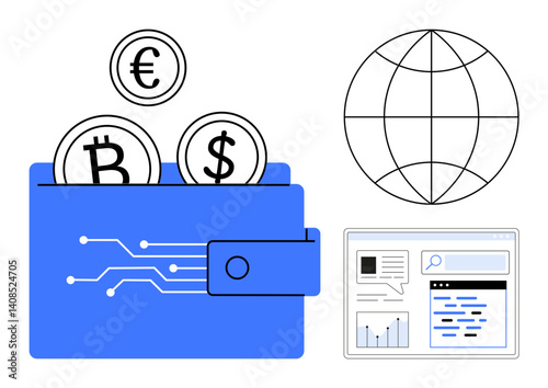 Blue wallet with Bitcoin, Euro, and Dollar coins. Grid globe and analytic interface symbolize global finance, cryptocurrency, and data insights. Ideal for fintech, banking, crypto e-commerce