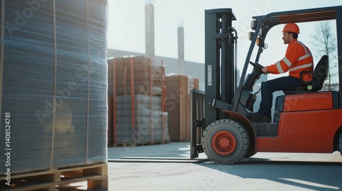 Forklift driver transporting construction materials. Featuring coordination and organization