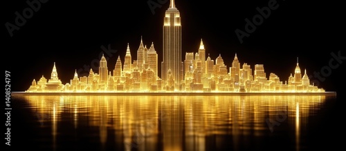 Illuminated New York City skyline at night.