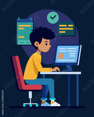 A teenage boy sits alone in his room poring over lines of code and debugging his programs for the coding olympiad. He is fueled by the thrill of competition and the challenge to. Vector illustration