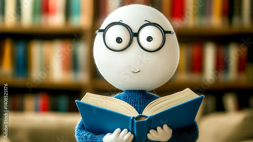 Smiling egghead character reading a book in the library