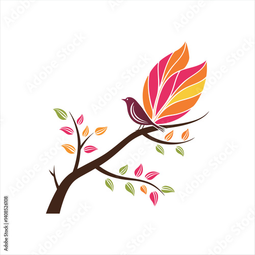 Colorful Bird on Tree Branch with Vibrant Leaves – Nature Illustraon"