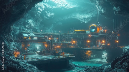 A subterranean industrial complex bathed in ethereal light.