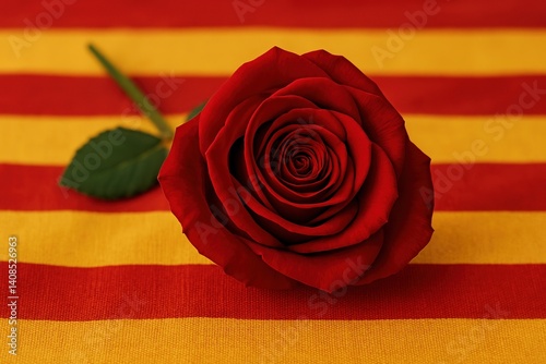 Red rose on Catalan flag background for Sant Jordi celebration