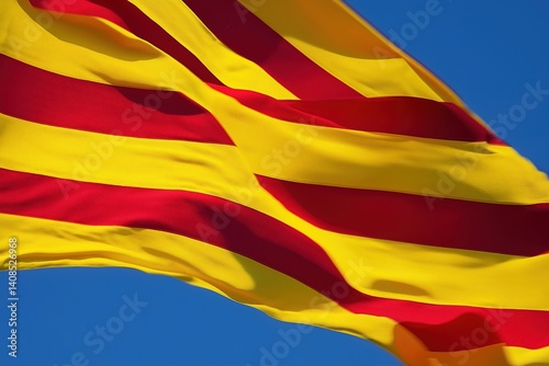 Close-up of Catalan flag waving in the wind against blue sky