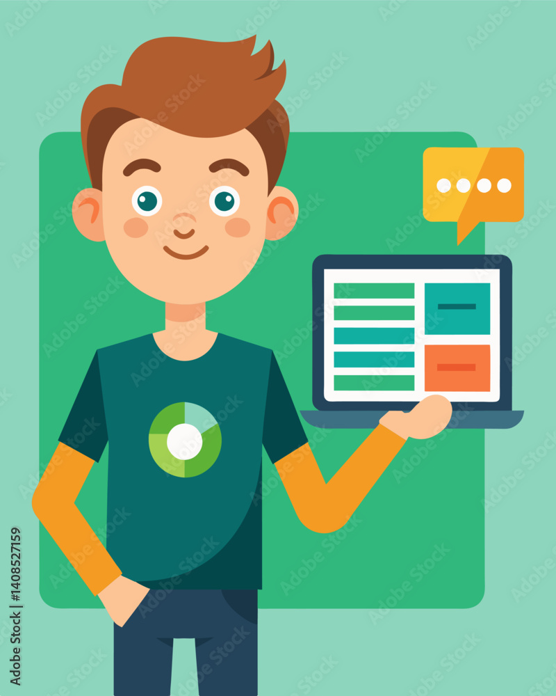 A young developer proudly presents their latest contribution to an open source project excited to share their skills with the world.. Vector illustration A young developer proudly presents their latest contribution to an open source project excited to share their skills with the world.. Vector illustration