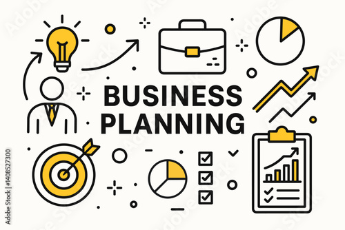Business planning. Modern flat line art illustration. Trendy outline vector graphic elements. Creative concept. Black and yellow colors isolated on white background