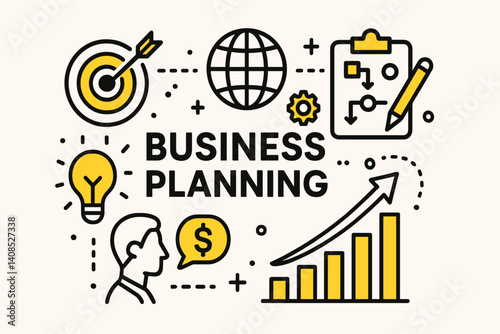 Business planning. Modern flat line art illustration. Trendy outline vector graphic elements. Creative concept. Black and yellow colors isolated on white background