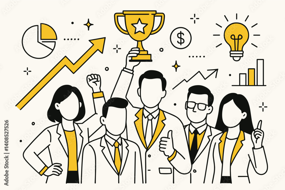 Business team success. Modern flat line art illustration. Trendy outline vector graphic elements. Creative concept. Black and yellow colors isolated on white background