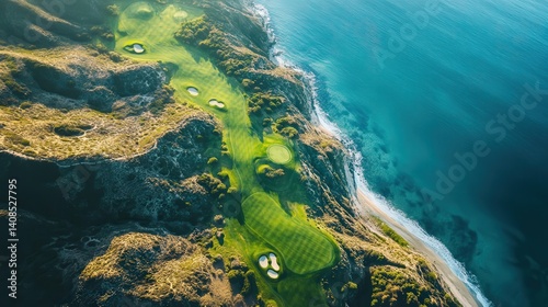Aerial view of a coastal golf course nestled against a rugged coastline.
