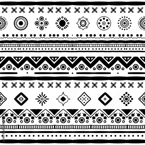 Black and white Ethnic seamless in native style. Vector pattern with African art decoration tribal geometric shape symbols. Folk background vector. Tent boarder backdrop. Abstract Aztec line motif
