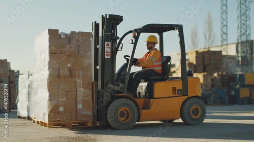 Forklift operator stacking materials at a construction site. Featuring coordination and efficiency