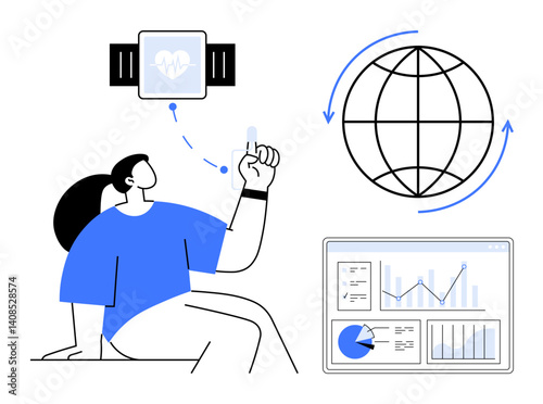Woman seated while using a smartwatch displaying health data, globe symbolizing global trends, and analytics dashboard with graphs. Ideal for health tech, telemedicine, global connectivity, fitness