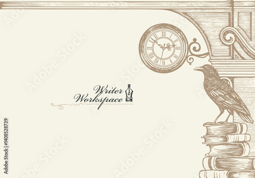 Vector banner on writers theme with sketches and space for text. Writer's workplace. Vintage illustration with hand-drawn books, vintage architecture and crow or raven
