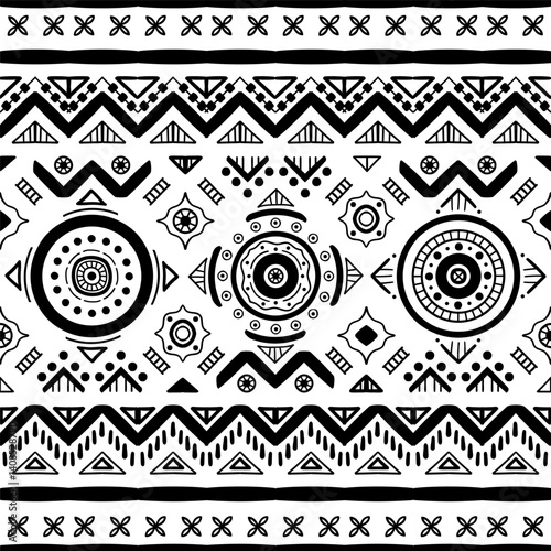 Black and white Ethnic seamless in native style. Vector pattern with African art decoration tribal geometric shape symbols. Folk background vector. Tent boarder backdrop. Abstract Aztec line motif