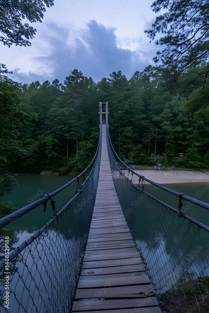 Fototapeta premium Wooden Suspension Bridge Over Lake in Forest