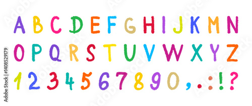 Font crayon, kid alphabet, letter and number, child pencil typography, color chalk type, school childish pastel doodle, cute abc hand drawn, kindergarten sketch text sign. Simple vector illustration