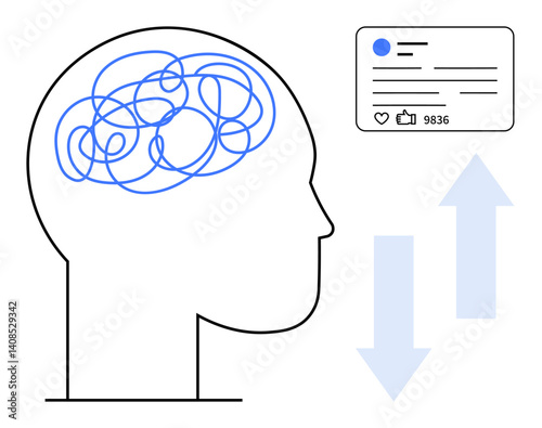 Human head with tangled lines representing confusion, a social media post with thumbs ups, and up-down arrows. Ideal for mental health, tech impact, social influence, stress, digital overload