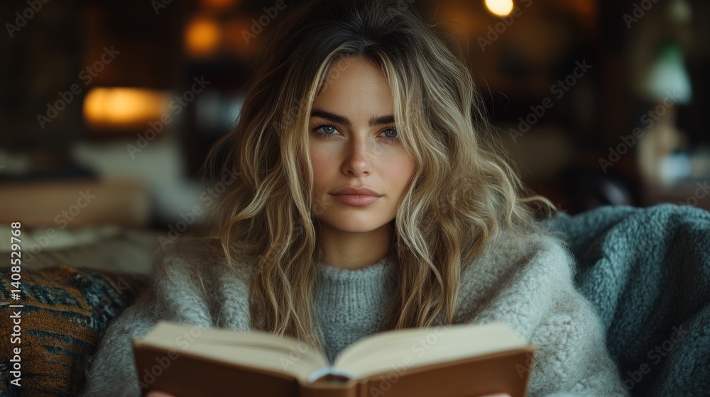 Cozy Reading Moment A Woman Enjoying a Book in a Warm Relaxing Environment Cozy Reading Moment A Woman Enjoying a Book in a Warm Relaxing Environment