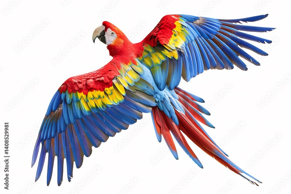 Obraz premium Colorful macaw parrot detailed feathers red blue and yellow tones perched with wings slightly spread white background