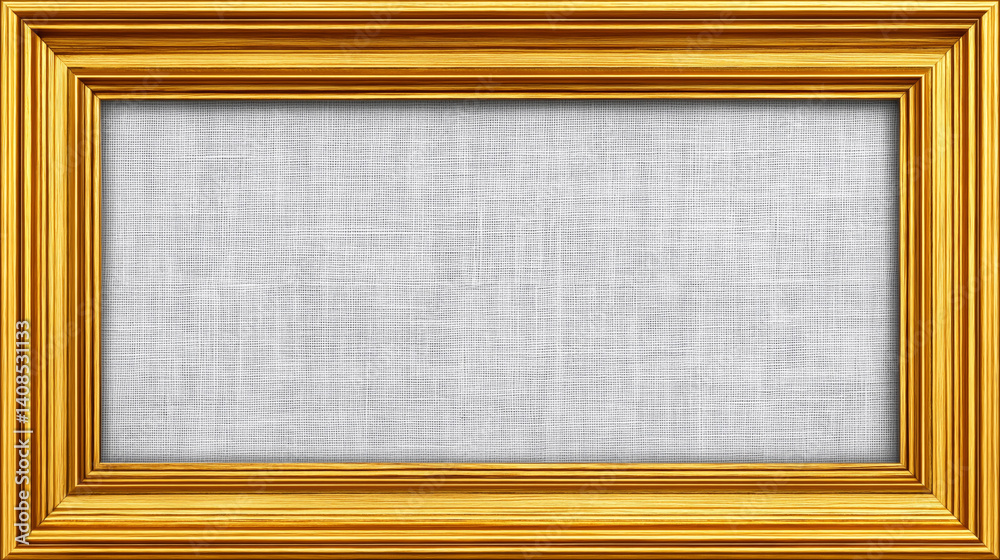 Empty gold rectangular frame with textured linen canvas background. Horizontal mockup template for artwork, design presentation or interior decoration. Flat lay composition with copy space