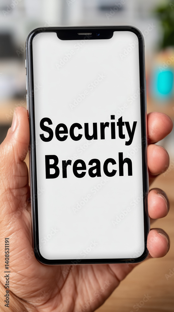 Close-up of hand holding smartphone with Security Breach text on screen. Cybersecurity alert concept related to hacking, data loss, and digital risk. Vertical mobile phone display in modern office