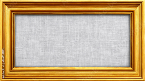 Obraz na płótnie Empty gold rectangular frame with textured linen canvas background. Horizontal mockup template for artwork, design presentation or interior decoration. Flat lay composition with copy space w salonie