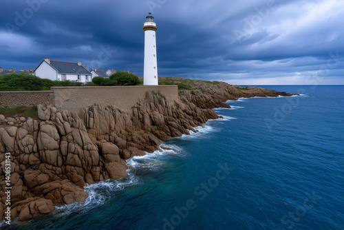 Obraz na płótnie White lighthouse on rocky coastline with crashing waves under dramatic cloudy sky. Ocean cliff view with houses and maritime navigation tower. Coastal safety and travel concept w salonie