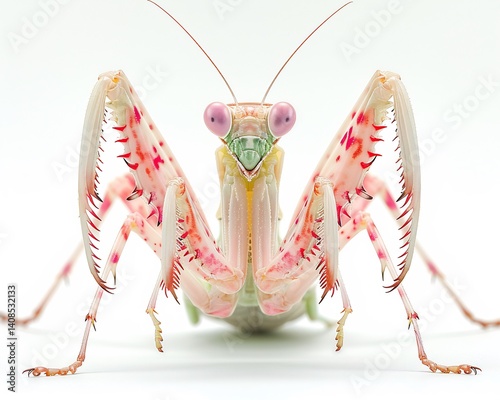 Devils flower mantis striking pose vibrant pink white limbs raised motion captured with soft shadows white background