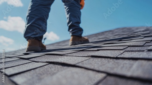 Roof worker inspecting roof shingles on a commercial building. Featuring safety and inspection