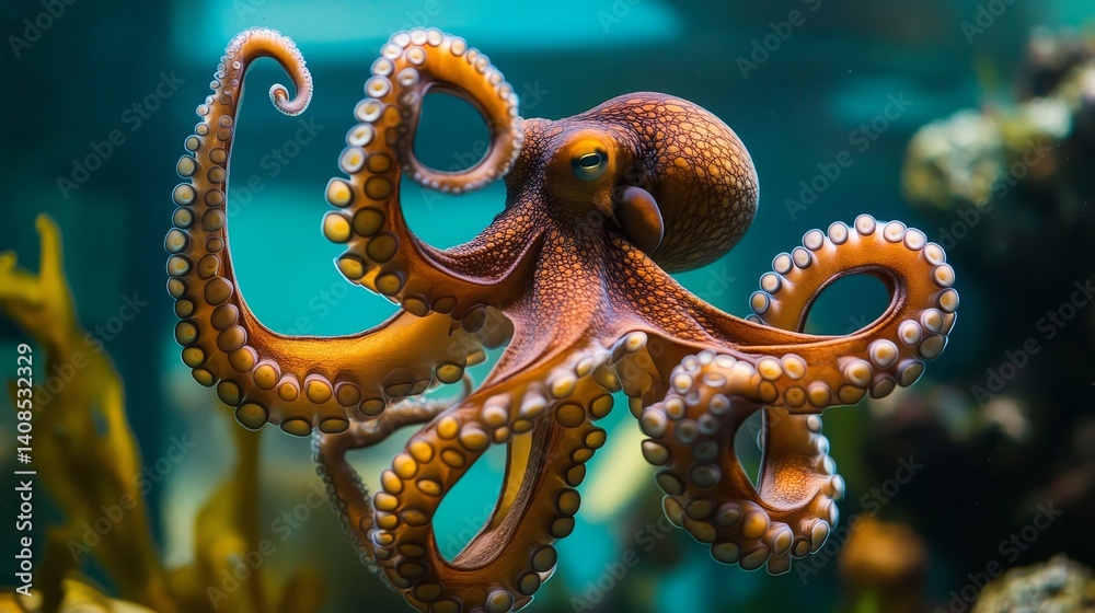 Fototapeta premium Close-up of octopus changing color in the sea, showing natural camouflage ability 