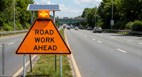 Alerting Sign On The Road With Bright Orange Color And Solar Panel