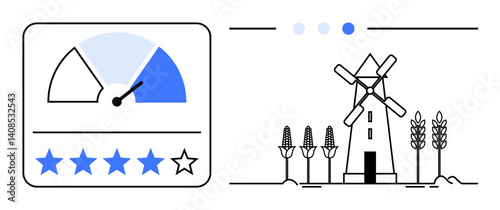 Rating gauge with a five-star system and performance dial beside a windmill, wheat plants, and cornfields. Ideal for feedback, rural economy, sustainability, farming, innovation, climate simple