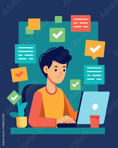A student intently typing away at their keyboard surrounded by sticky notes with code snippets and algorithms as they work on perfecting their apps backend.. Vector illustration