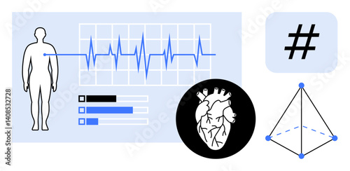 Human outline, ECG graph, heart sketch, data bars, metadata tag, geometric network connect health and tech. Ideal for technology, health, data analytics fitness IoT research simple landing page