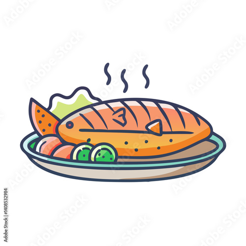 Cartoon Illustration of Grilled Fish Dish on Black Background