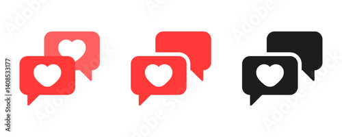 Like and love icon red speech bubble symbol. heart flat icon in chat bubble shapes , Social media notification icons. emoji post reactions set. Vector illustration